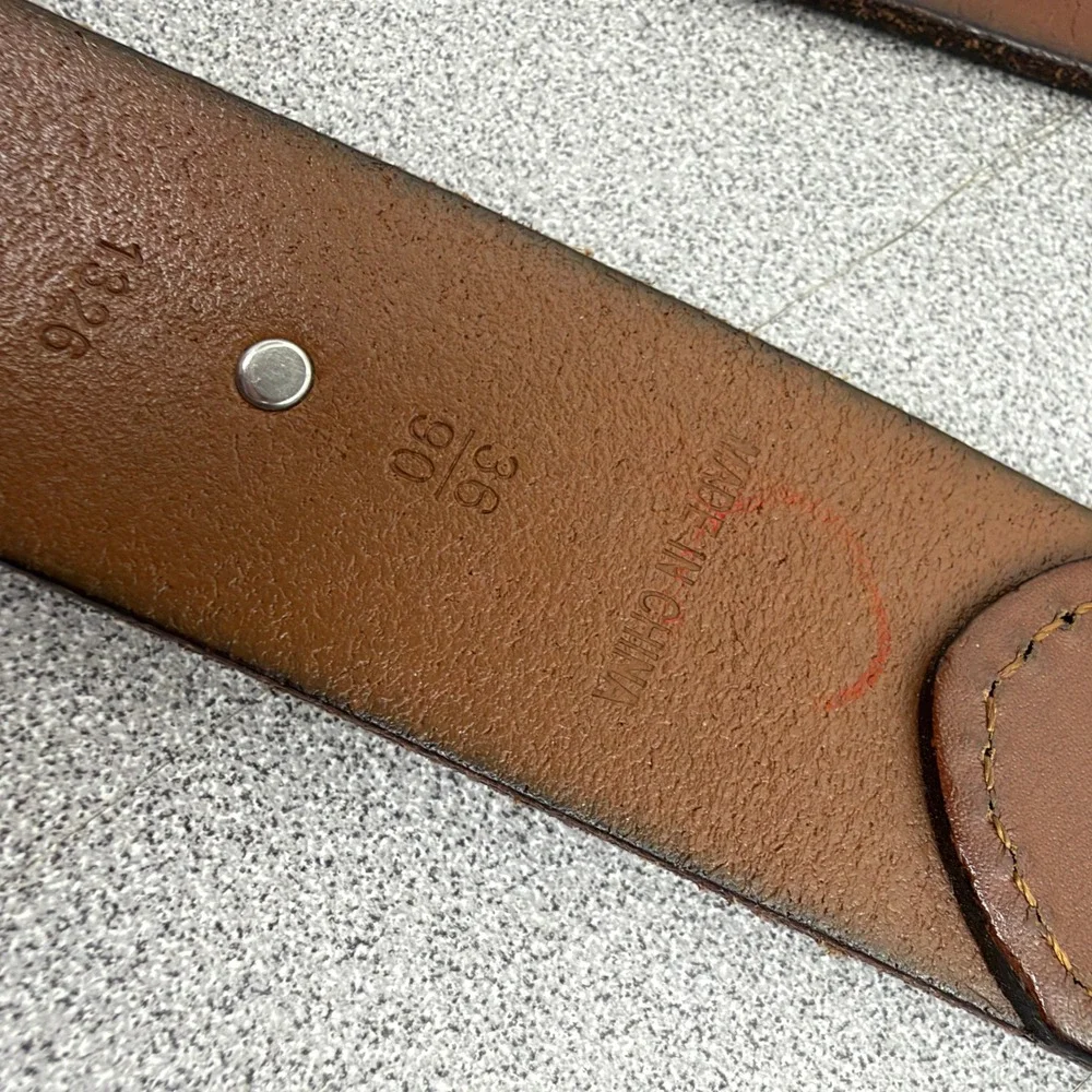 Polo Ralph Lauren Belt Mens 36 Brown Leather Plaque Logo Silver Tone Buckle